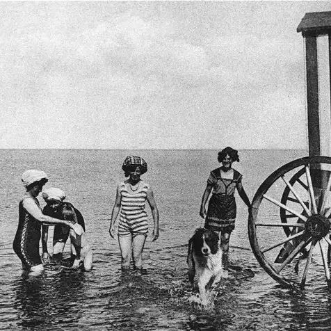 Fire damer og hund nyder Vesttranden cirka 1910