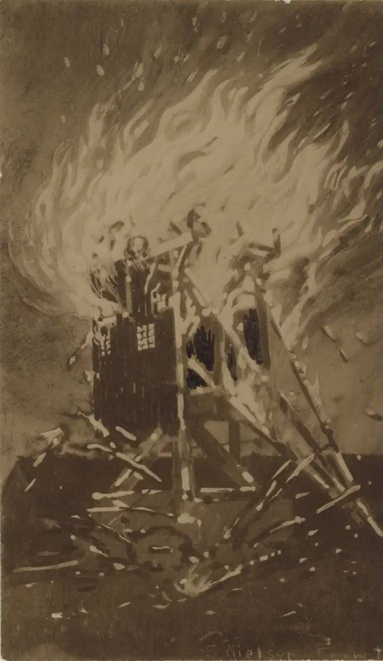 Kunsttryk udført af kunstner S. Nielsen, der forestiller den svenske stubmølle i Unnerup i brand, 20. august 1922.