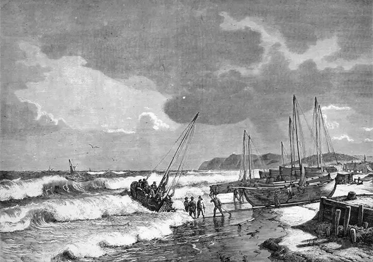 Før Gilleleje fik en havn i 1872, måtte fiskerne trække bådene til og fra land – i alt slags vejr. Kunsttryk efter maleri af C. Neumann, 1867.